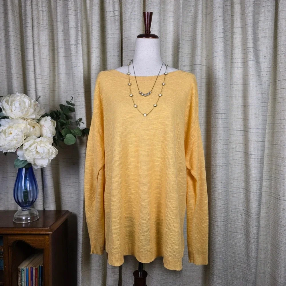Eileen Fisher Linen Sweater Tunic 3X Boat Neck Yellow Long Sleeve Coastal Flowy - Picture 2 of 12